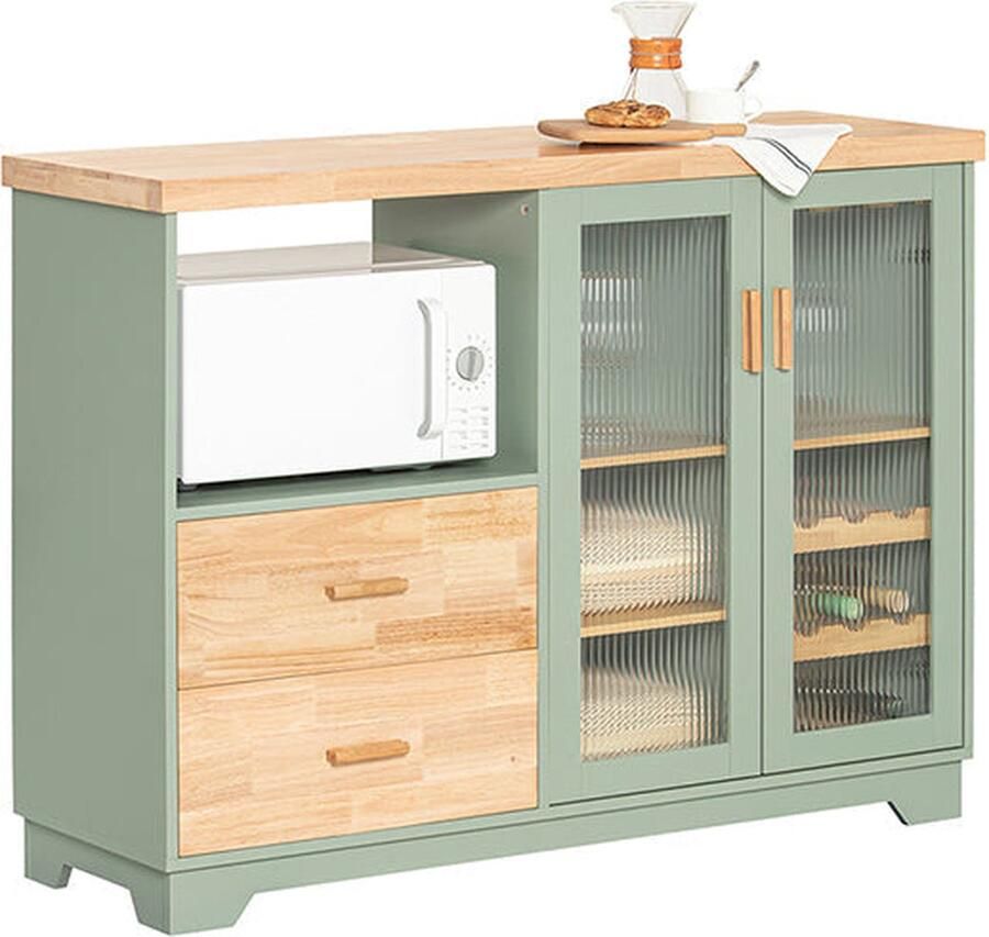 Rootz Living Rootz Modern Dressoir met Glazen Deur Keukenkast Dressoir Halkast Opbergorganisator Wijnglas- en flessenhouder Ruim magnetroncompartiment MDF en rubberhout 120 cm x 90 cm x 40 cm Groen