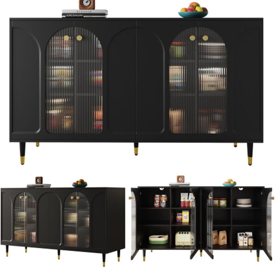 Steven Modern en eenvoudig zwart sideboard (140 x 40 x 85 cm) Changhong-glasdeurontwerp met decoratieve metalen details veel bergingsruimte geschikt voor eetkamer woonkamer of keuken