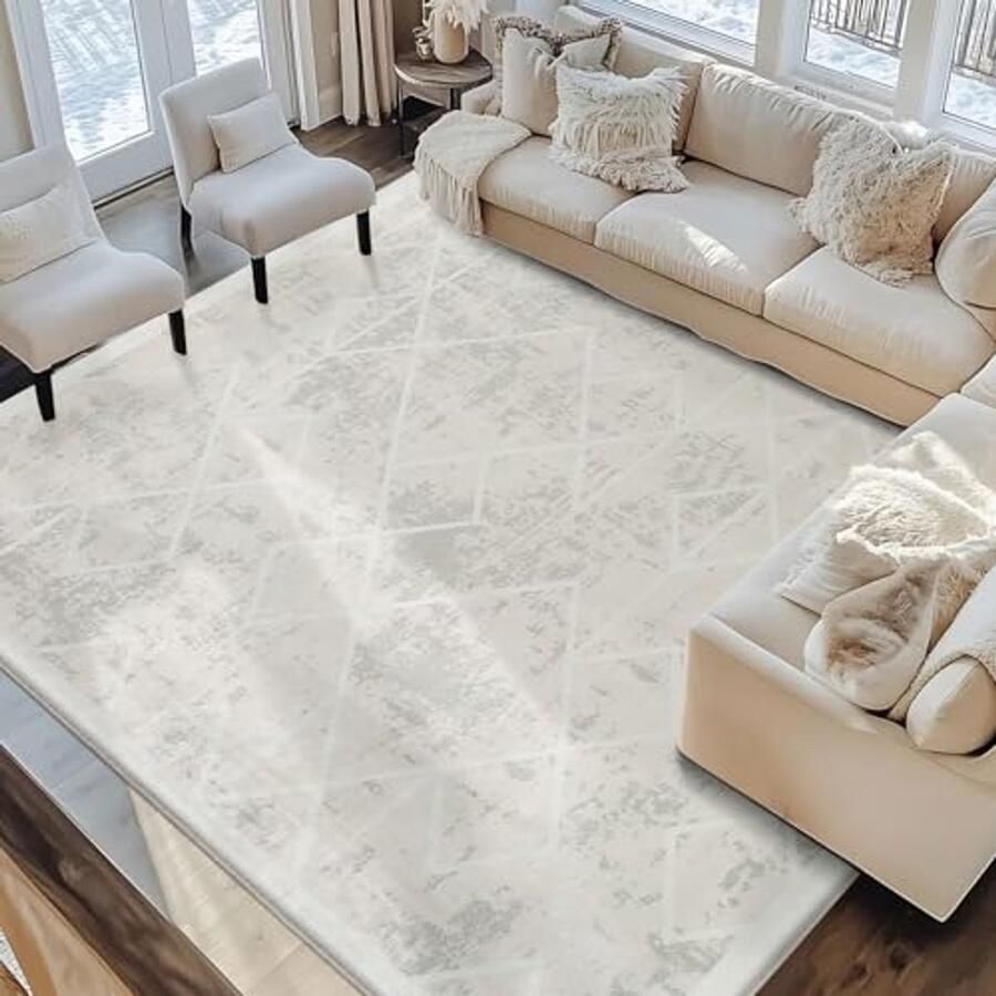 Modern Geometrisch Vloerkleed voor Woonkamer Laagpolig Beige Tapijt 200 x 300 cm