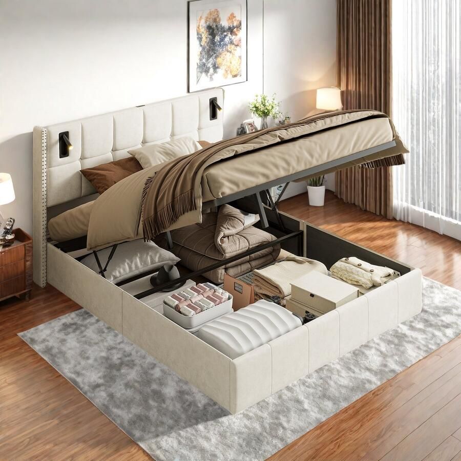 Modern gestoffeerd bed hydraulisch opbergbaar tweepersoonsbed met kleine leeslampjes aan de zijkant van het hoofdeinde en USB-poorten 160x200cm opbergbed fluwelen stof beige zonder matras
