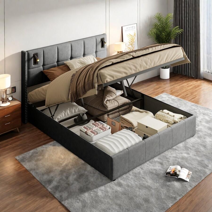 Modern gestoffeerd bed hydraulisch opbergbaar tweepersoonsbed met kleine leeslampjes aan de zijkant van het hoofdeinde en USB-poorten 160x200cm opbergbed fluwelen stof grijs zonder matras
