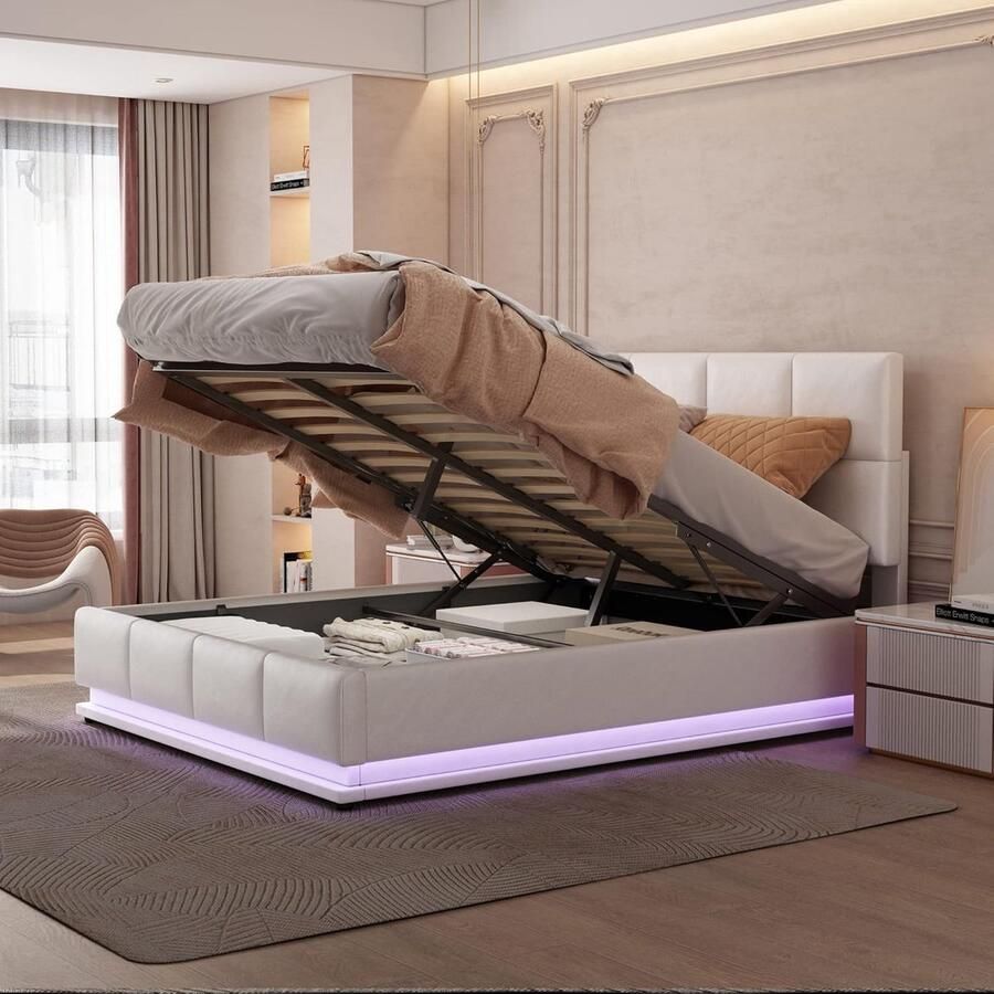 Modern Gestoffeerd Tweepersoonsbed met Opbergruimte en Verstelbaar Hoofdbord 140 x 200 cm