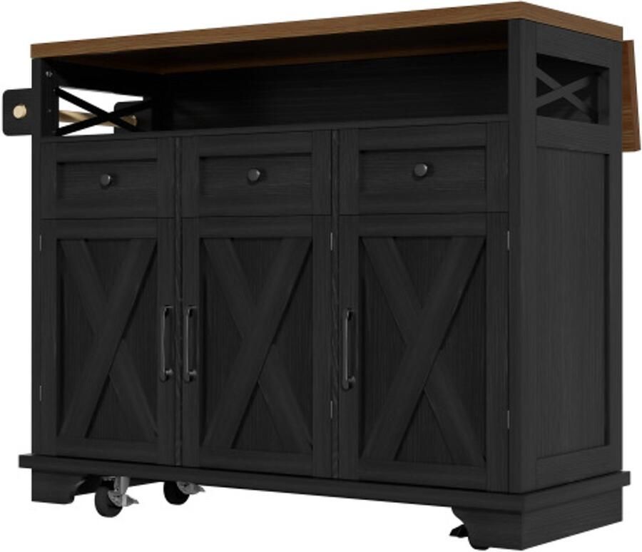 GOTAGEE Modern keukeneiland (118×43-80×98cm) keukenkast eetkamerkast met houtnerf eetwagen met wielen met multifunctionele opbergruimte verwijderbare verdelers met handdoekhouder zwart