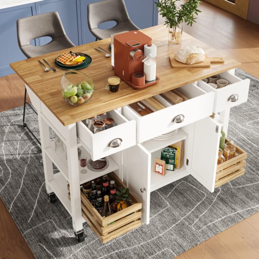 Learnlogic Modern keukeneiland (120×45×90cm) keukenkast eetkamerkast eetkamerwagen houtnerf eetkamerkast multifunctionele eettafel met grenen mand opbergmand wit