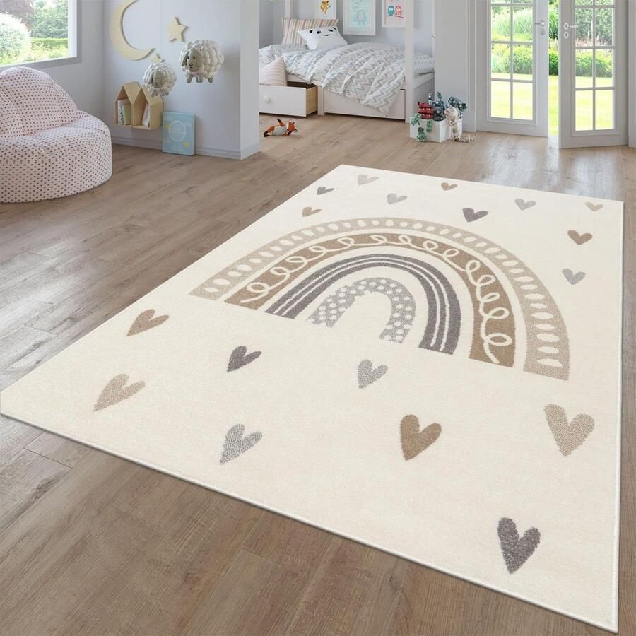 Modern Kinderkamer Tapijt Vloerkleed Regenboog en Wolken Motief 80x150 cm Beige