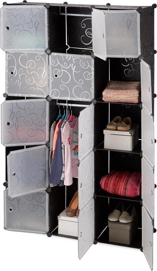 Modern kliksysteem kledingkast 11 vakken 2 kledingroedes zwart