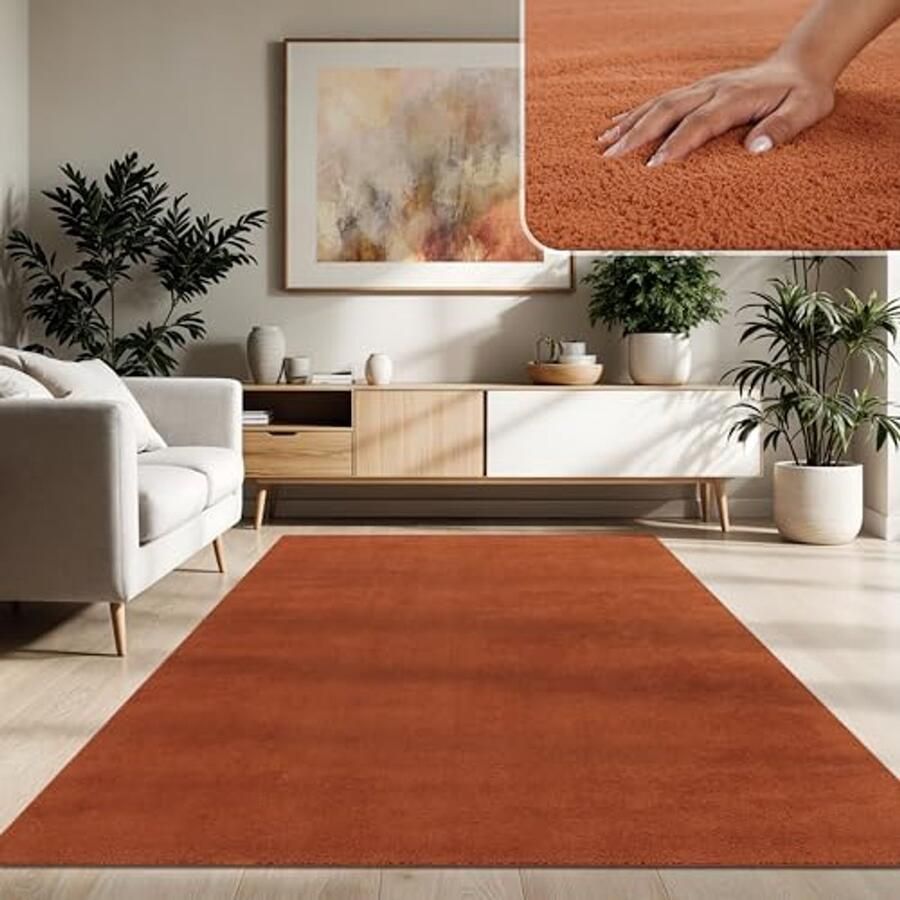Modern Korte Stapel Woonkamertapijt Wasbaar Fluffy Uni Effect 160x220cm Copper