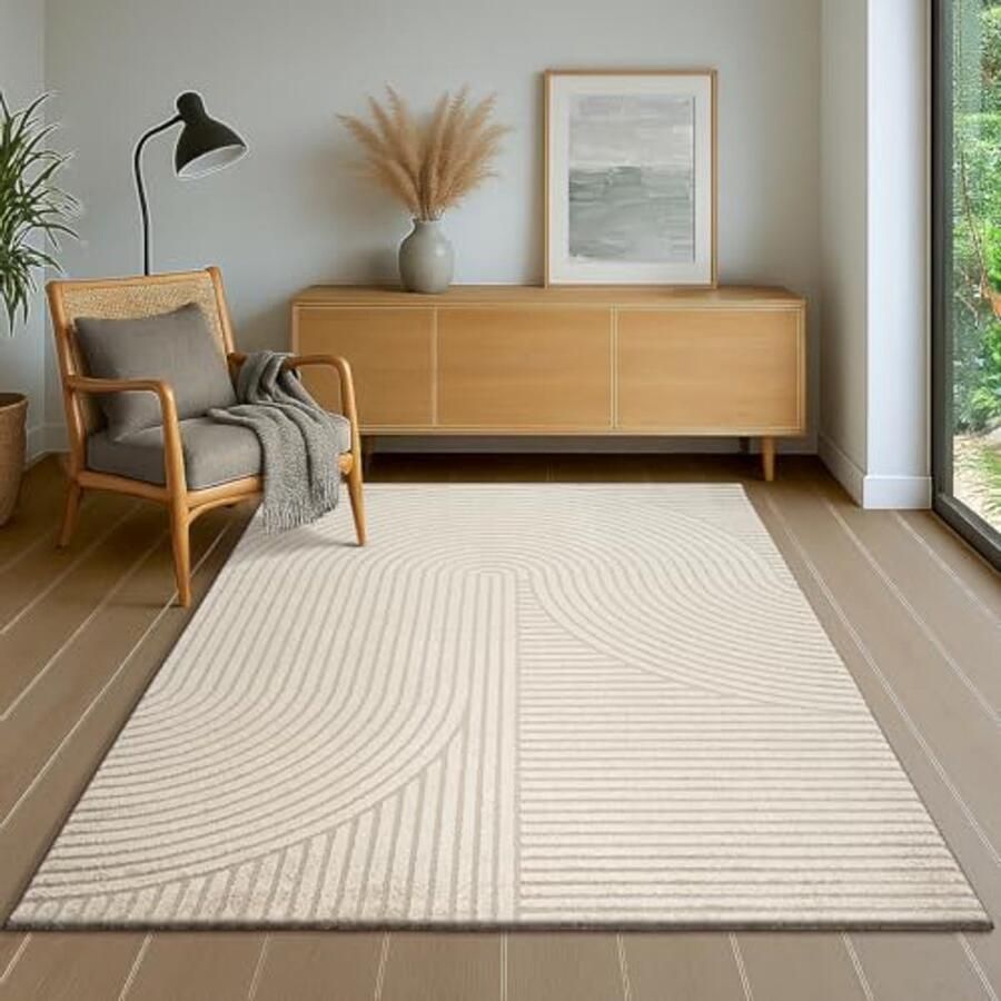 Modern kortpolig tapijt voor woonkamer en slaapkamer met hoog-laag-effect en 3D-effect Beige 160 x 230 cm