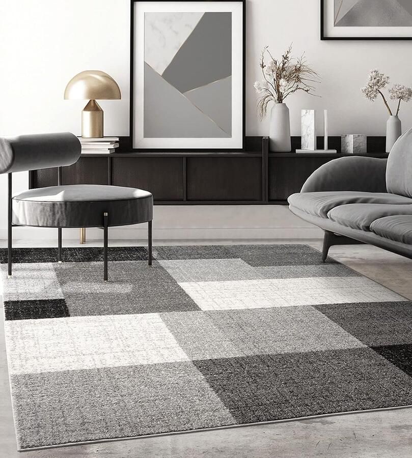 Modern Kortpolig Tapijt voor Woonkamer en Slaapkamer met Geometrische Patronen Grijs 140 x 200 cm