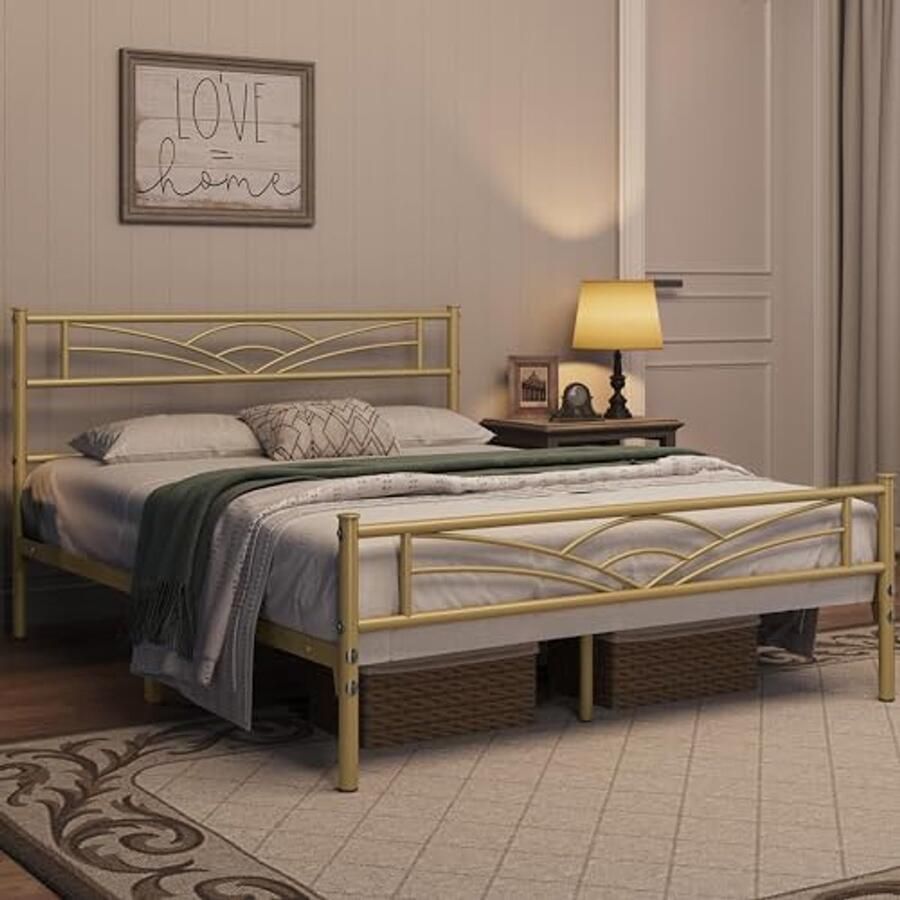 Modern metalen bedframe met lattenbodem 140 x 200 cm antiek goud