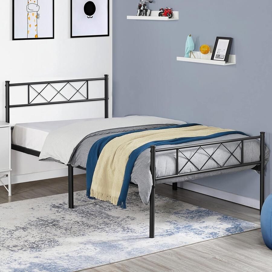 Modern metalen bedframe met lattenbodem tweepersoonsbed eenpersoonsbed bedframe met hoofdeinde logeerbed voor slaapkamer logeerkamer 90 x 190 cm zwart