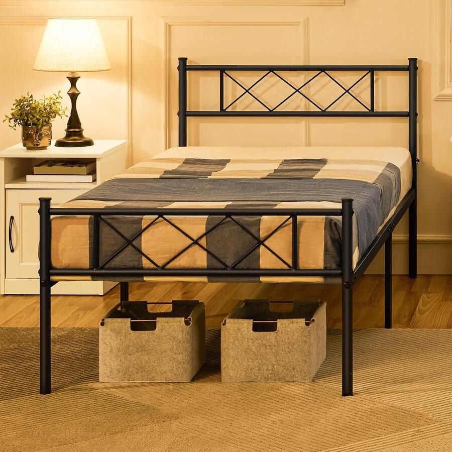 Modern metalen bedframe met lattenbodem tweepersoonsbed eenpersoonsbed bedframe met hoofdeinde logeerbed voor slaapkamer logeerkamer 90 x 200 cm zwart