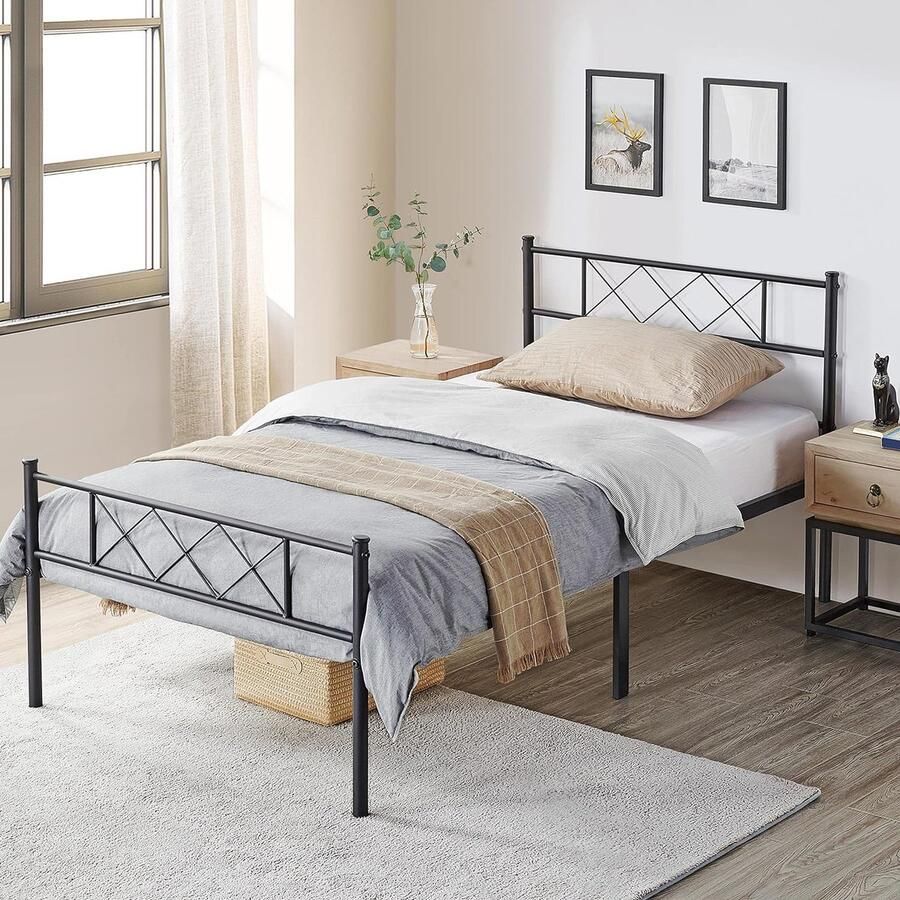 Modern metalen bedframe met lattenbodem tweepersoonsbedframe met hoofdeinde logeerbed voor slaapkamer en logeerkamer 90 x 200 cm zwart