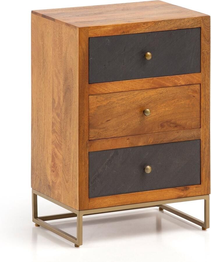 Rootz Living Rootz Modern Nachtkastje 3D Steenlook Natuurlijke houtnerf Handgemaakt 40cm x 60cm x 30cm Mangohout Antraciet Ladefronten Gouden Accenten