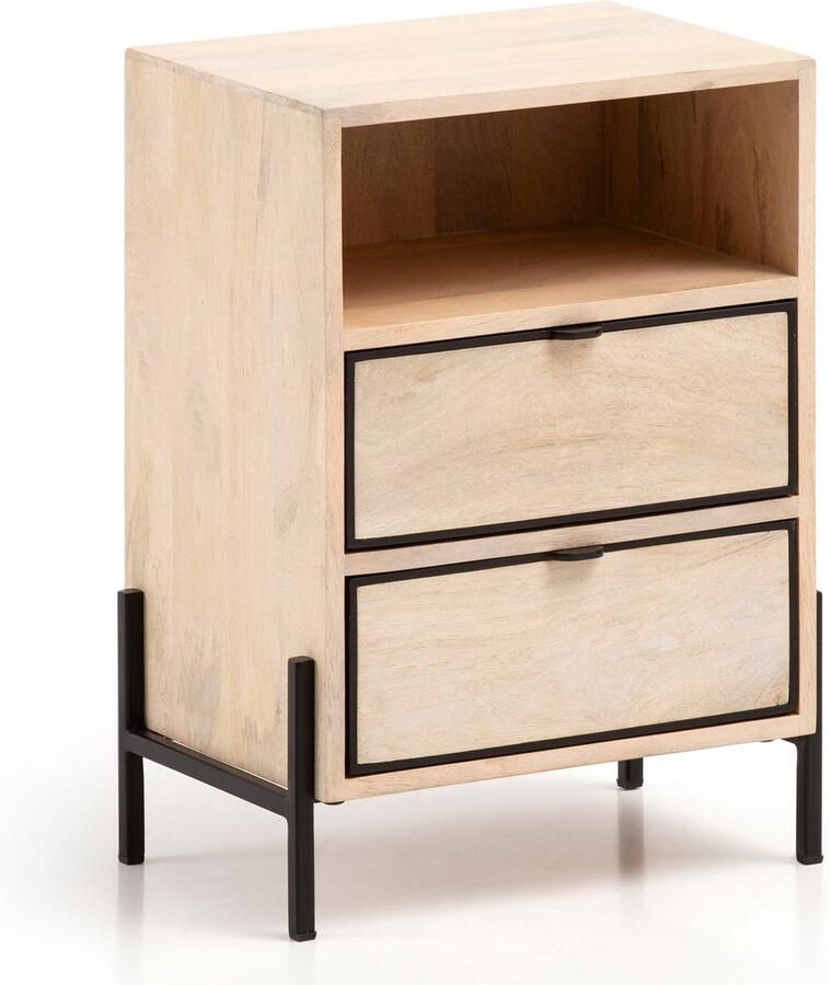 Rootz Living Rootz Modern nachtkastje Bijzettafel Metaal en hout 43 cm x 60 cm x 30 cm Handgemaakt Uniek ontwerp Lade en compartiment Lichtbruin en zwart 5 kg capaciteit Mangohout Eenvoudige montage