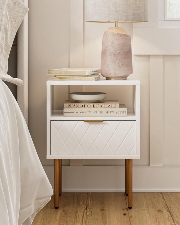 Modern Nachtkastje Houten Nachtkastje met Gouden Poten 1 stuk Wit Hout