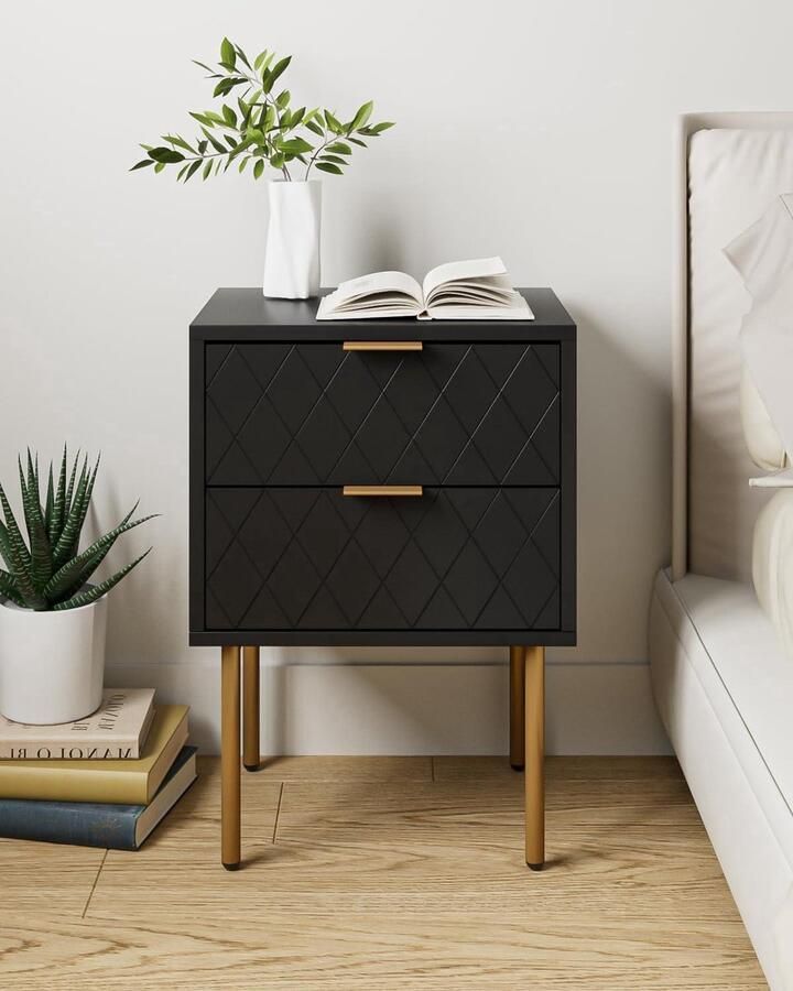 Modern Boho Nachtkastje zwart met goud 2 lades voor slaapkamer en woonkamer