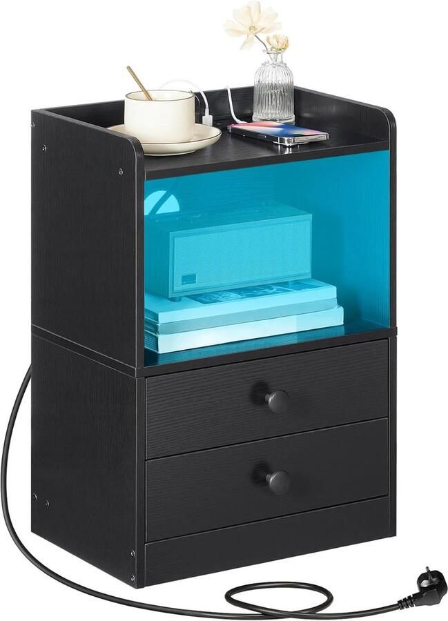 Modern Nachtkastje met LED-Verlichting en Laadstation – 2 Laden Zwart (EBK28CDBZ01)