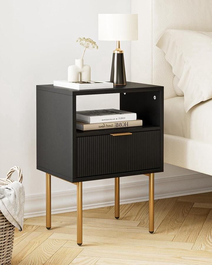 Modern Nachtkastje Nachttafel met lade en opbergplank 1 stuk Zwart Hout