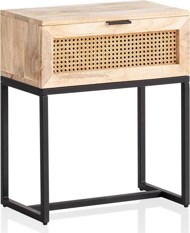 Rootz Living Rootz Modern Nachtkastje Rotan Lade Mangohout Handgemaakt Weens weefsel Natuurlijke houtnerf Zwart metalen frame 50 cm x 60 cm x 30 cm