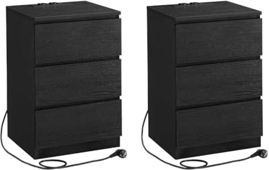 Modern Nachtkastje Set van 2 met Laden AC-stopcontacten en USB-aansluitingen Ebbenhout Zwart Bijzettafel voor Slaapkamer Woonkamer of Werkkamer