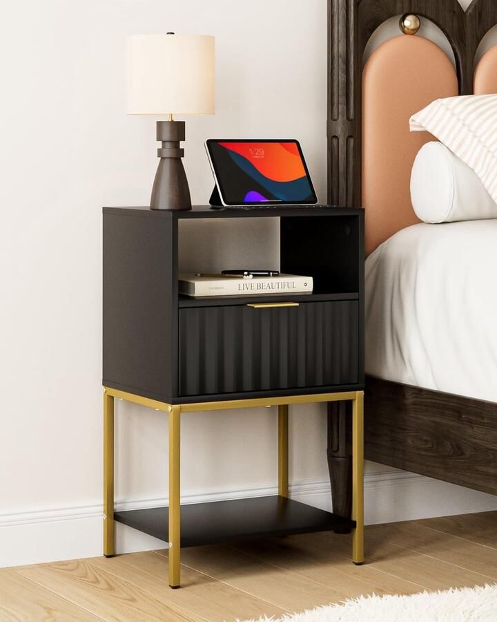 Modern nachtkastje zwart en mat goud 1 stuk MDF en metaal 39x29x64 8 cm