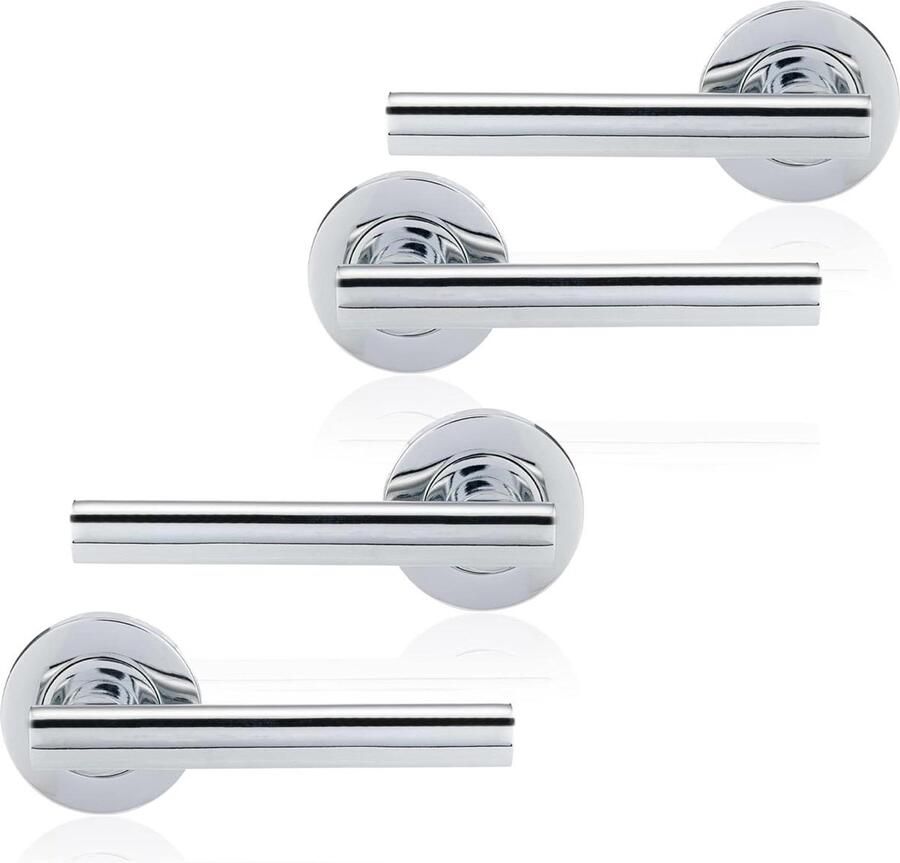 Modern Polished Chrome T-Bar Lever Lock Rose Door Handles Ideal for Internal Wooden Doors Home and Office Use (2 Pairs)