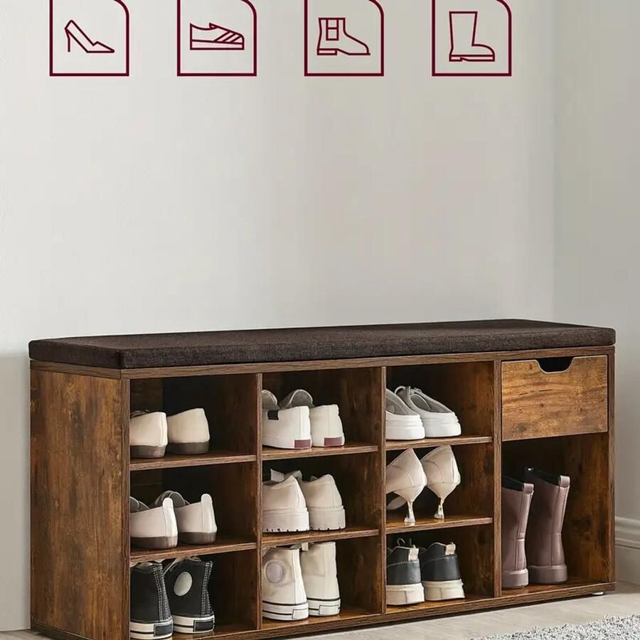 Modern Schoenenbank – Schoenenkast – Schoenenrek – Schoenenopberger – Halbank met Zitkussen – Hout – Rustiek Bruin – 104x30x48cm