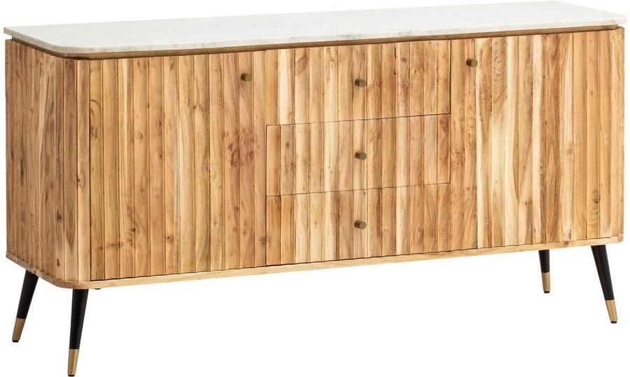 Ervesto Dressoir 150x80x45 cm acacia massief houten ladekast echt marmer hoge ladekast modern staande kast met 2 deuren en 3 laden dressoir woonkamer