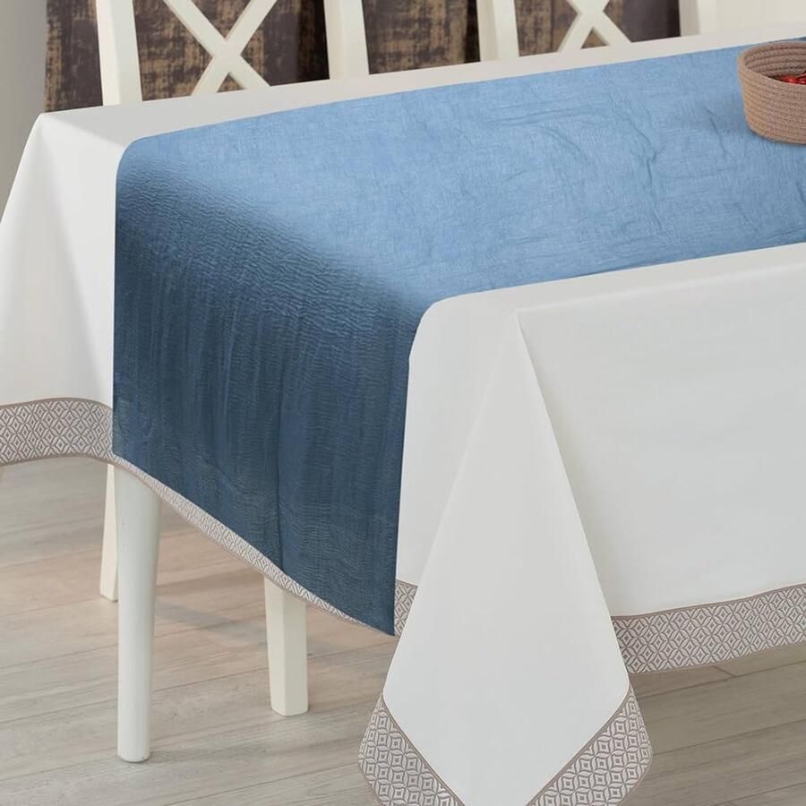 Modern tafelkleed blauw 300 x 90 cm polyester