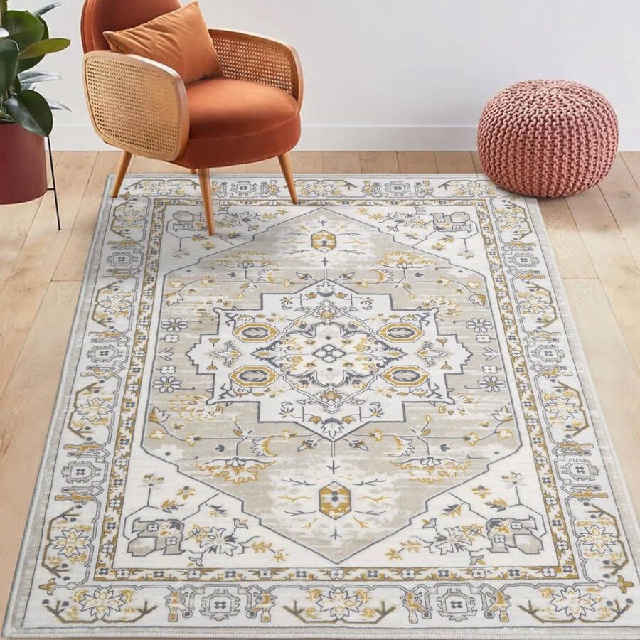 Modern vintage gebloemd tapijt vloerkleden voor woonkamer keuken antislip wasbaar gemiddelde stapelhoogte vloermatten zacht tapijt wit-beige 80 x 150 cm