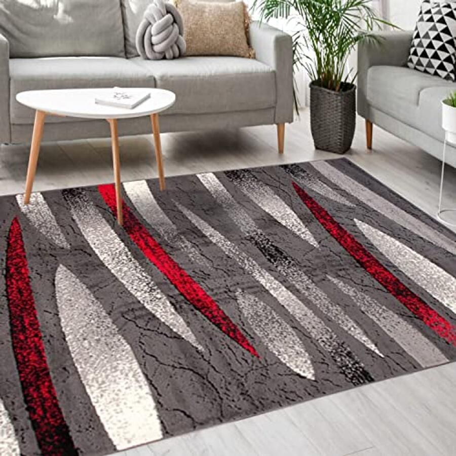 Modern Vloerkleed Grijs Rood Tapijt voor Woonkamer Slaapkamer en Eetkamer OEKO-TEX Gecertificeerd 180 x 250 cm
