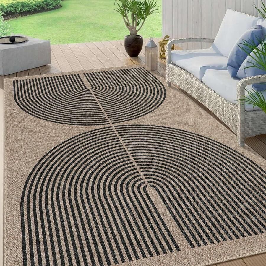 Modern vloerkleed voor buiten en binnen Hoogwaardige woonkamer slaapkamer balkon terrastapijt Boho-tapijt met 3D-effect (kaki zwart 160 x 230 cm)