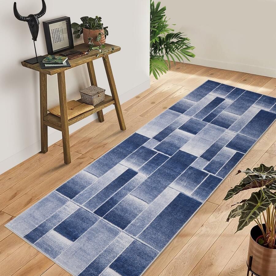 Modern Vloerkleed Wasbaar Woonkamer Tapijt 80x150cm Blauw Kortpolig Antislip Wasbaar Superzacht voor Slaapkamer Keuken Hal