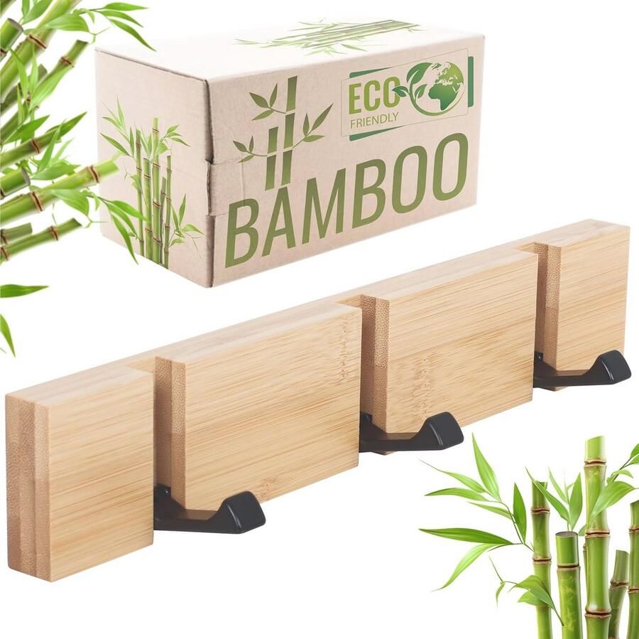 Moderne garderobehaken met 3 klaphaken van bamboe en staal – multifunctionele wandgarderobe