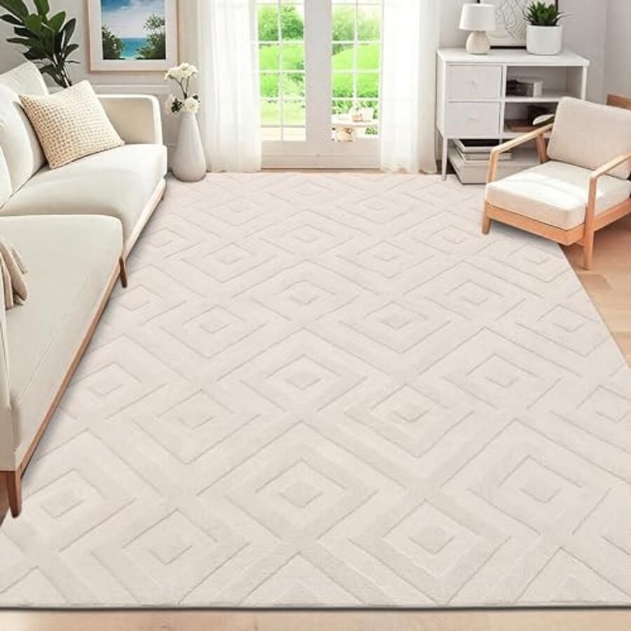 Modern Wasbare Vloerkleed 120 x 160 cm Zacht Korte Pool Geometrisch Design Antislip Geschikt voor Woonkamer Slaapkamer en Thuiswerkplek Beige