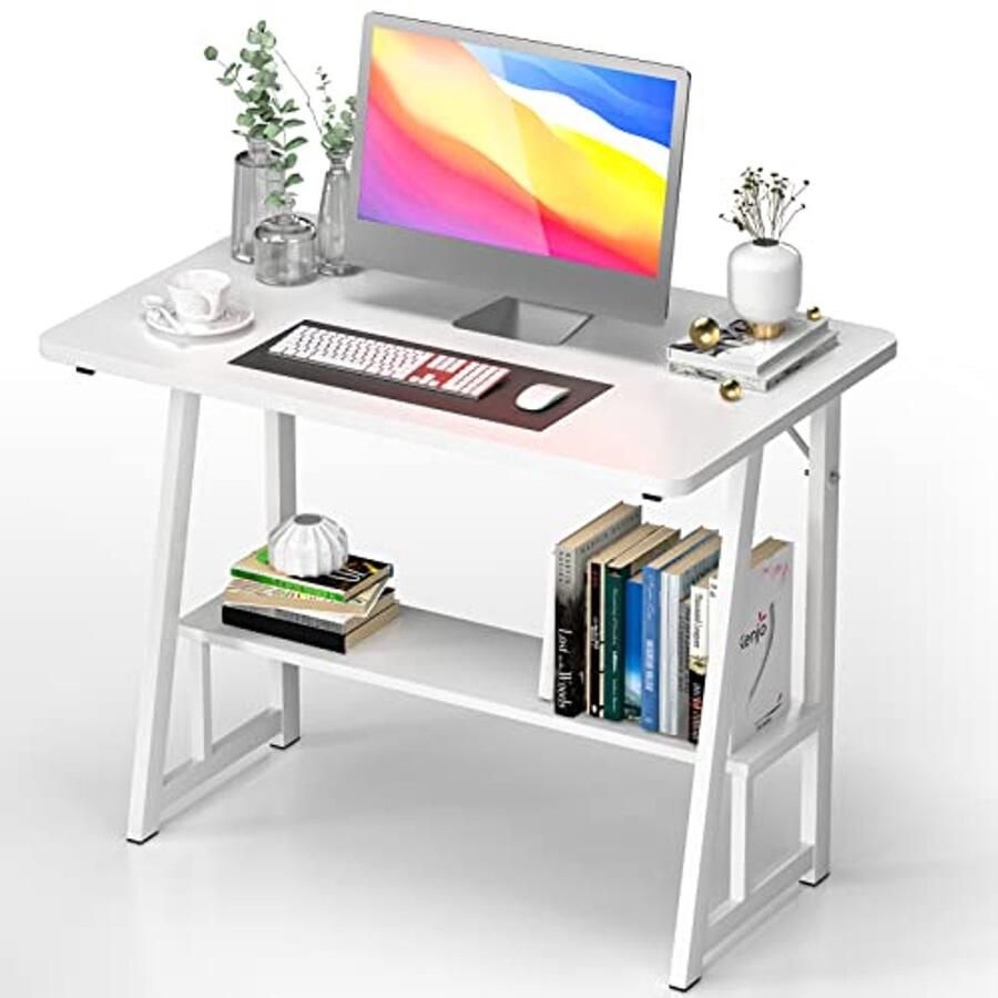 Modern Wit Computerbureau met Stalen Frame en Planken 80 x 50 x 73 cm
