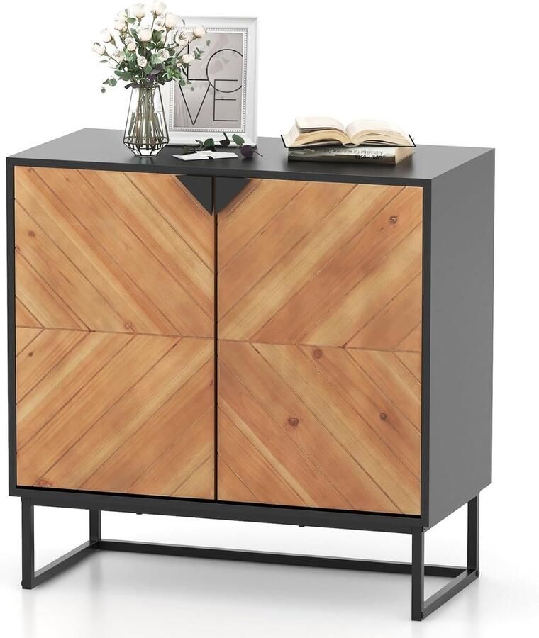 Modern zwart sideboard met 2 deuren – Buffetkast met plank en metalen poten opbergkast 80x40x80 cm voor keuken eetkamer en woonkamer