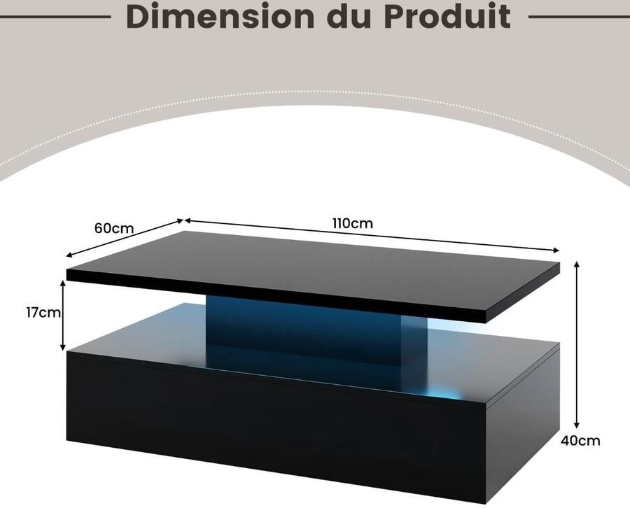 Moderne 2-laags salontafel – Met 20 kleuren LED-verlichting en afstandsbediening – 110x60x40 cm glanzend zwart wit