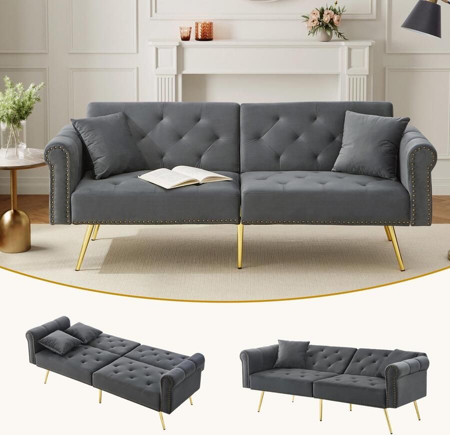 Moderne 2-zits slaapbank fluwelen bekleding 3-standen verstelbare rugleuning en vergulde metalen poten. Stijlvolle bank met slaapfunctie ruimtebesparend duurzaam ideaal voor kleine ruimtes