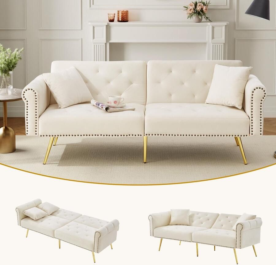 Moderne 2-zits slaapbank fluwelen bekleding 3-standen verstelbare rugleuning en vergulde metalen poten. Stijlvolle bank met slaapfunctie ruimtebesparend duurzaam ideaal voor kleine ruimtes