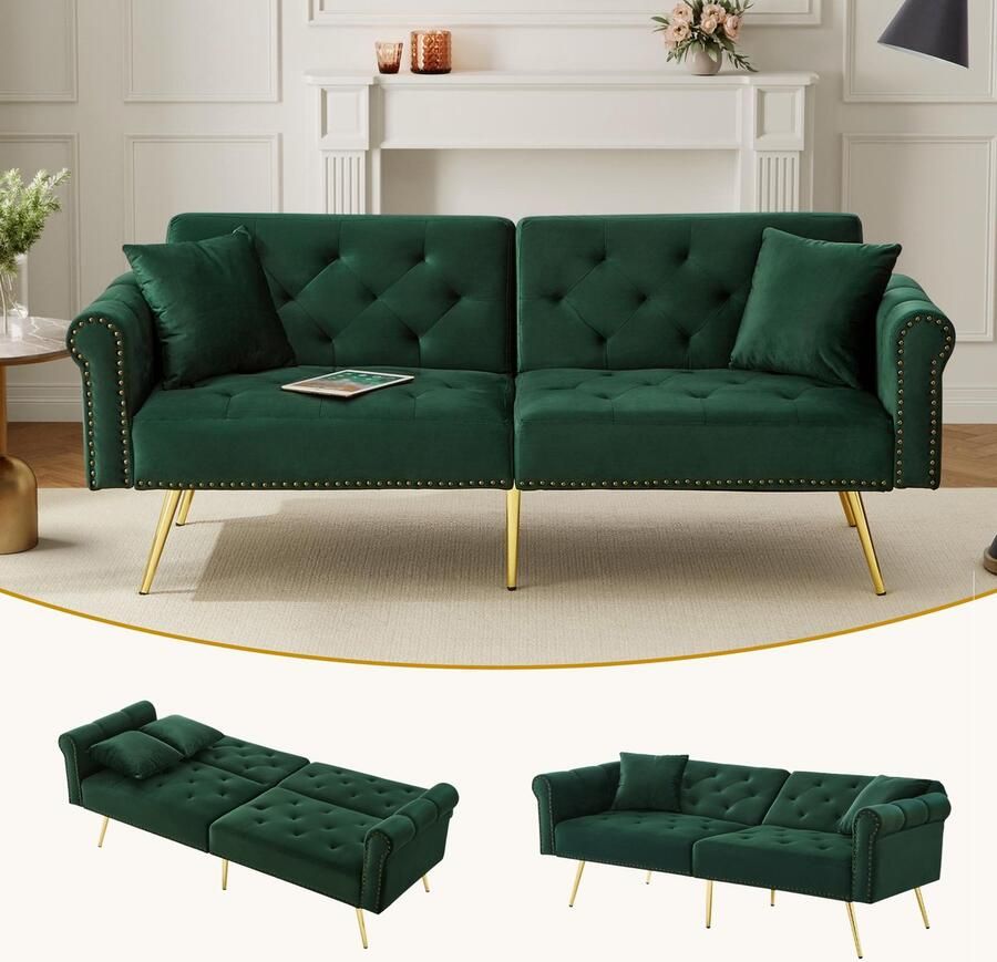 Moderne 2-zits slaapbank fluwelen bekleding 3-standen verstelbare rugleuning en vergulde metalen poten. Stijlvolle bank met slaapfunctie ruimtebesparend duurzaam ideaal voor kleine ruimtes