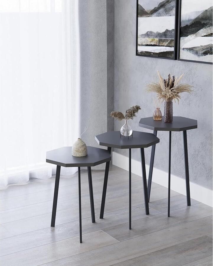 Moderne 3-delige salontafel set bijzettafel geometrische stijl grijs