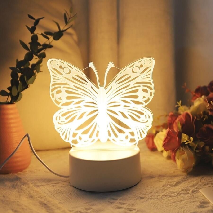 Moderne 3D vlinder nachtlamp schattige cartoon LED slaapkamer tafellamp USB zonder schakelaar warm wit