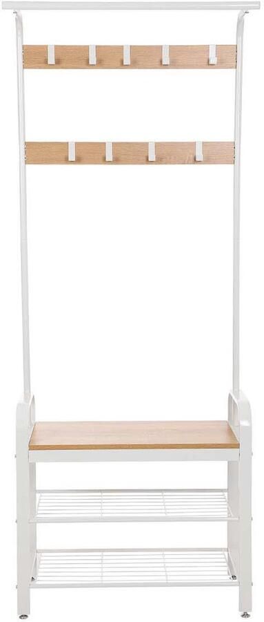 Moderne 4-in-1 kapstok met schoenenkast en schoenenbank met 9 afneembare haken en kledingstang geschikt voor hal entree of slaapkamer 33 7 x 77 x 183 cm eikenhoutkleur + crèmewit