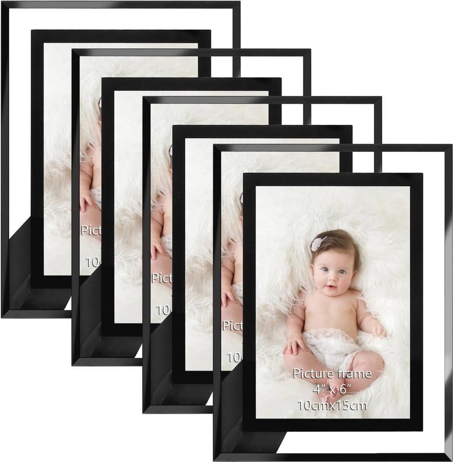 Moderne 4x6 Glazen Fotolijsten Set van 4 Zwarte Tafel- en Muurdecoratie