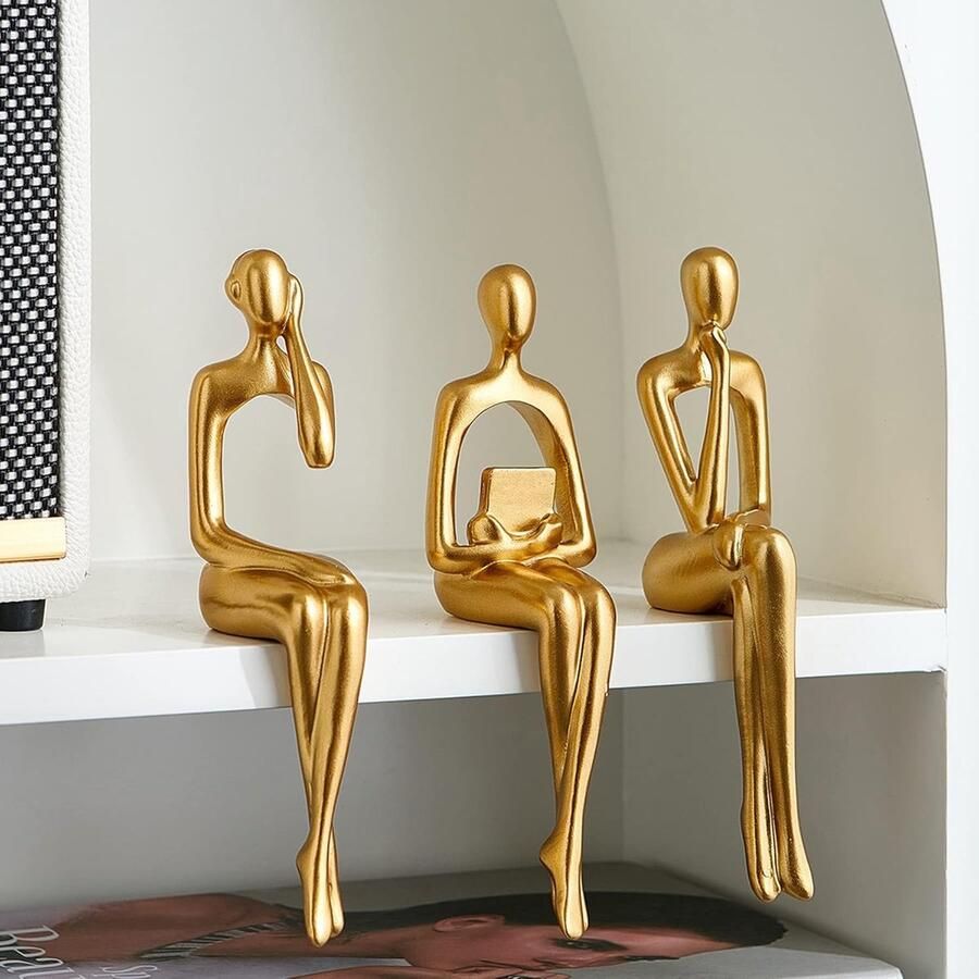 LNXMES Gouden Denker Sculpturen Decoratie voor Woonkamer 3 Stuks Plankdecoratie Esthetisch Moderne Abstracte Kunstbeeldjes voor Huisdecoratie TV Kast Boekenplank Salontafel Decoratie - Foto 2