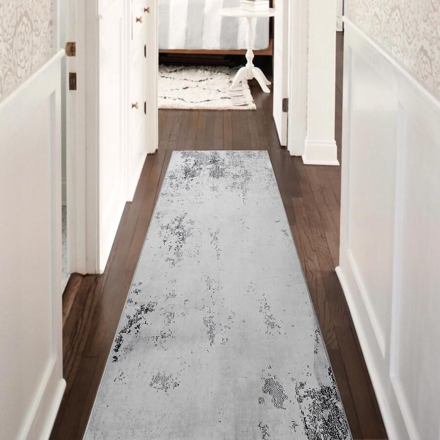 Moderne Abstracte Loper Geschikt voor Binnen en Buiten 1 Stuk Grijs Crème 60 x 240 cm