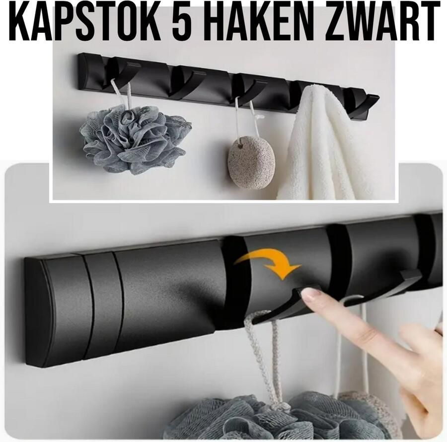Moderne Aluminium Kapstok Zwart – 5 Opklapbare Haken – Ruimtebesparend & Duurzaam- Wandmodel 40x6 cm