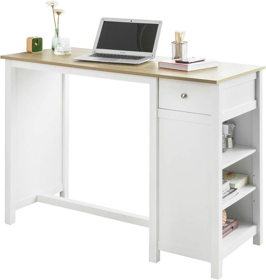 Moderne Bartafel met Lade en Planken voor Keuken en Eetruimte Wit-Naturel 120x90cm